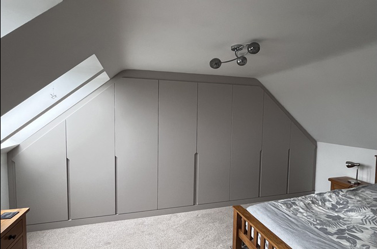 fitted angled wardrobe in grey